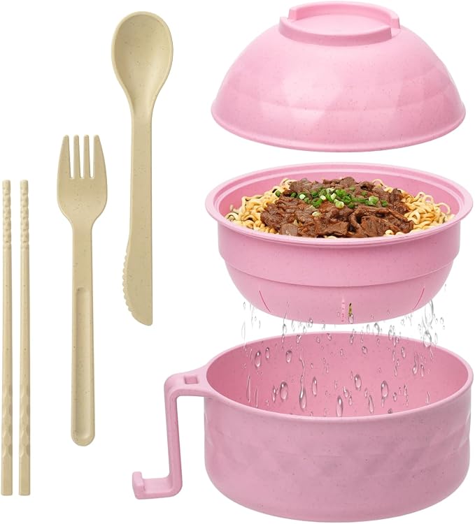 New Microwave Ramen Bowl with Strainer Ramen Bowl Set with Lid🍜